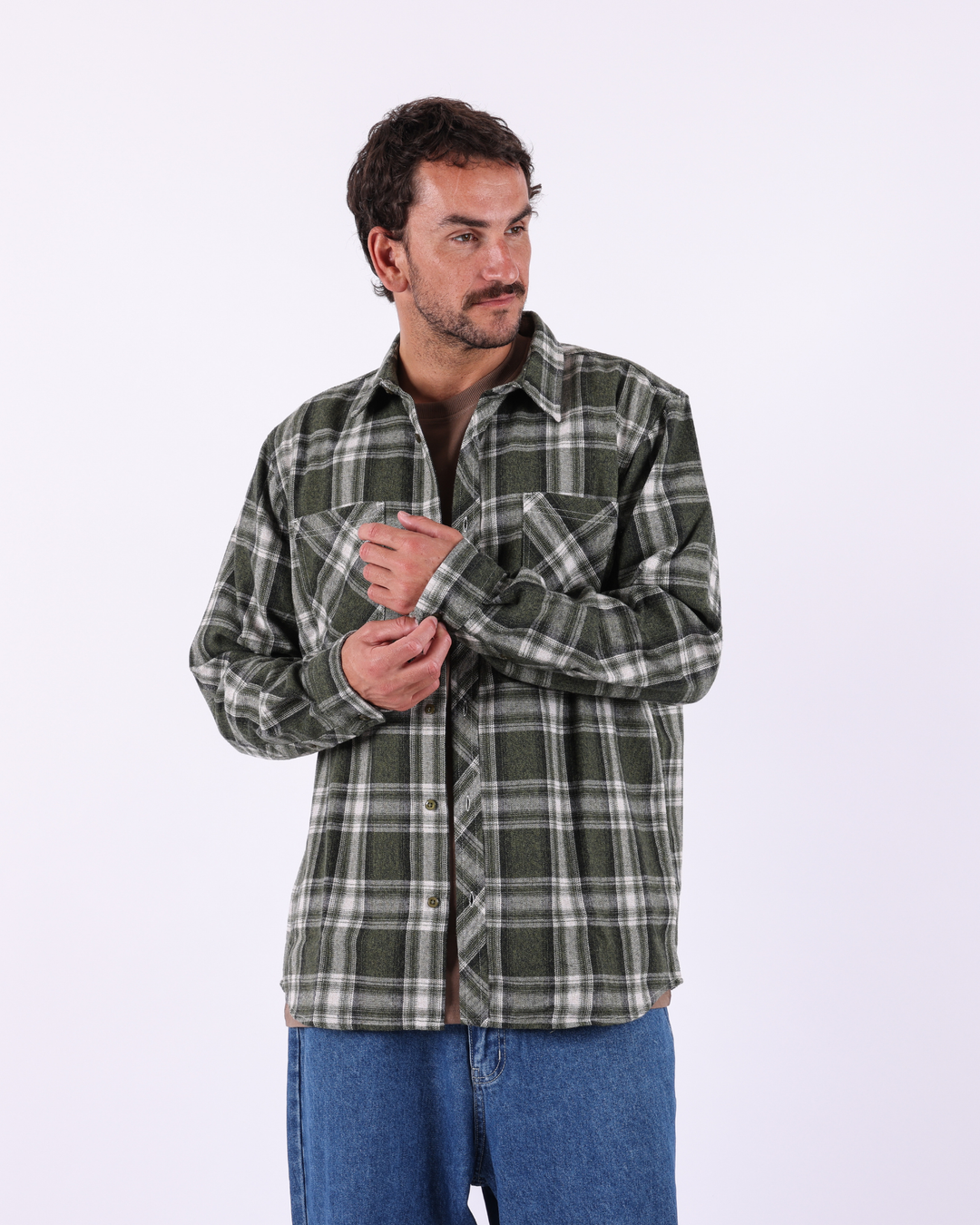 Washed Check L/S Shirt- Military