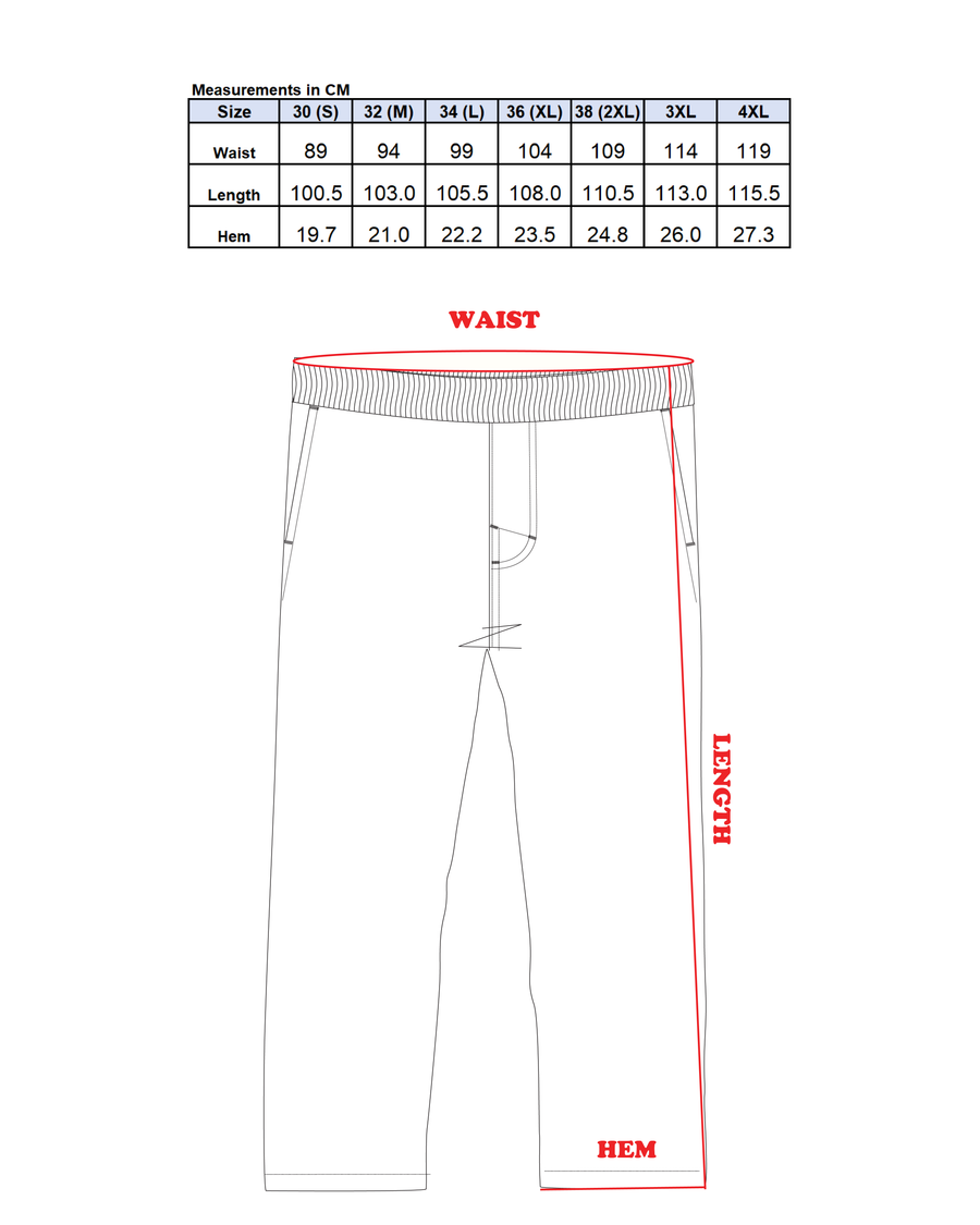 Pant diagram showing where the waist, outside leg (length) and hem are measured