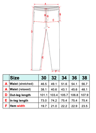 Measurement chart for pants with dimensions labeled on a white background