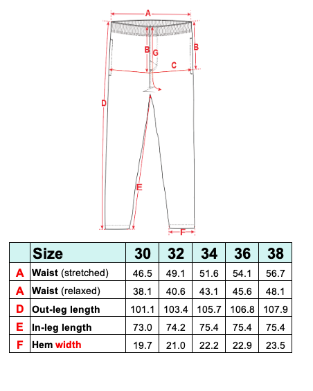 Measurement chart for pants with dimensions labeled
