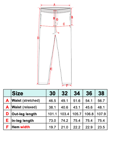 Measurement chart for pants with dimensions labeled