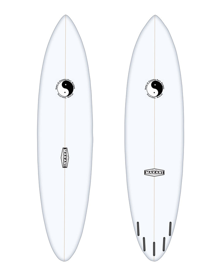 Missing Link Mid-Length surfboard in white – deck and bottom