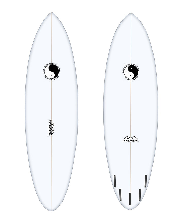 Missing Link surfboard in white – deck and bottom