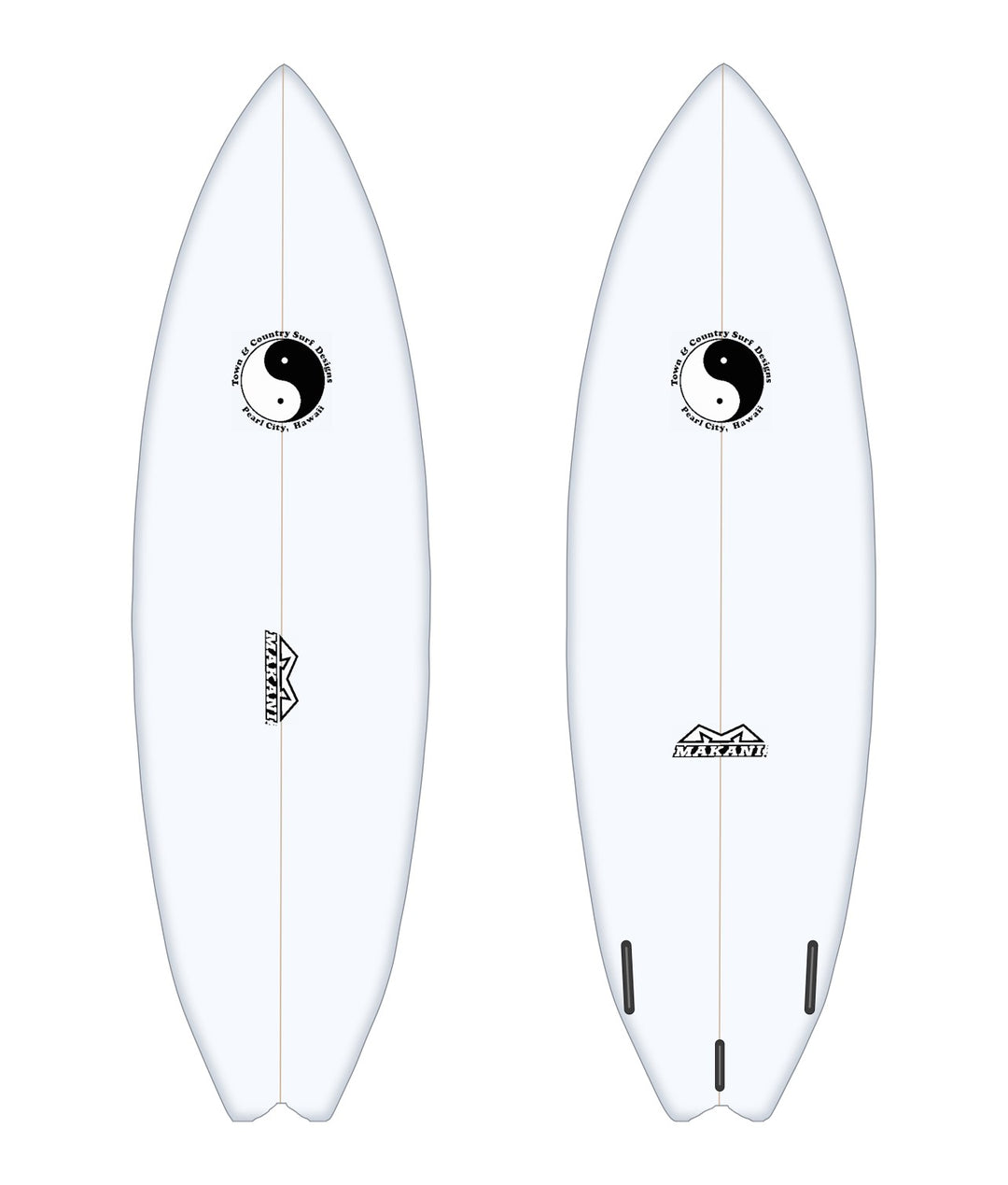 Twinnister surfboard in white – deck and bottom