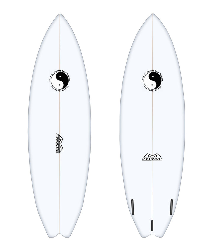 Twinnister surfboard in white – deck and bottom